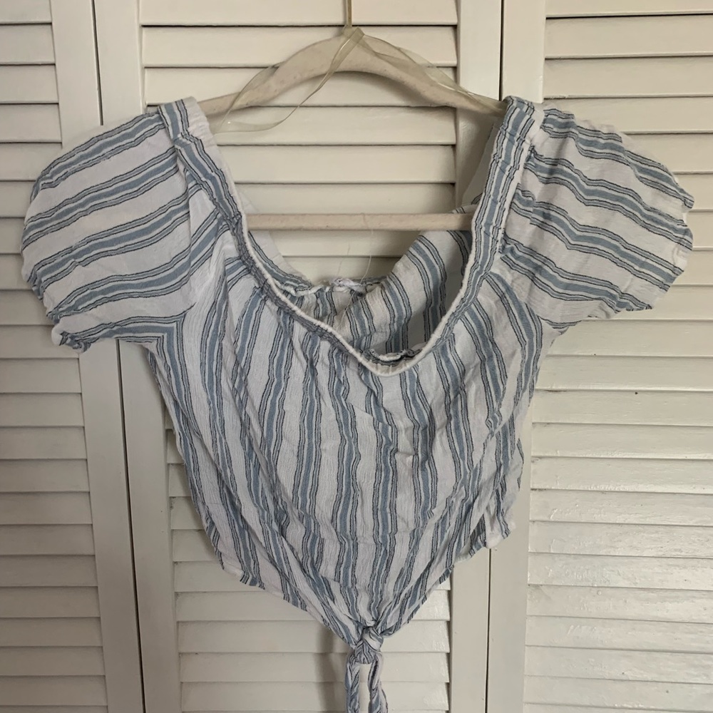 Crop top off the shoulder, blue and white stripped